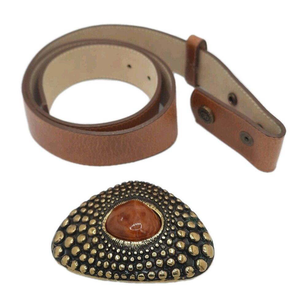 LEATHEROCK Vintage Boho Western Statement Belt Leather Brass Agate Stone Sz 36 - Picture 6 of 7